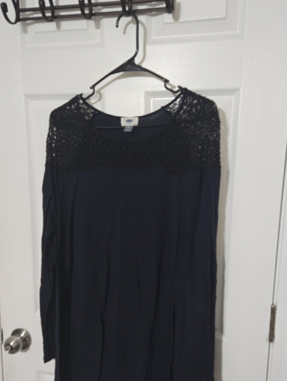 Crochet Yoke Long Sleeve Dress - Navy